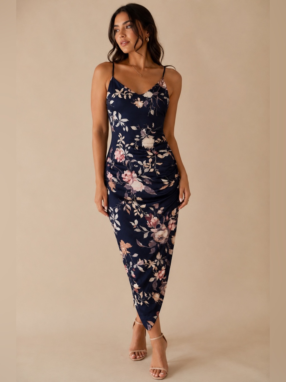 Floral Satin Slip Midi Dress in Navy